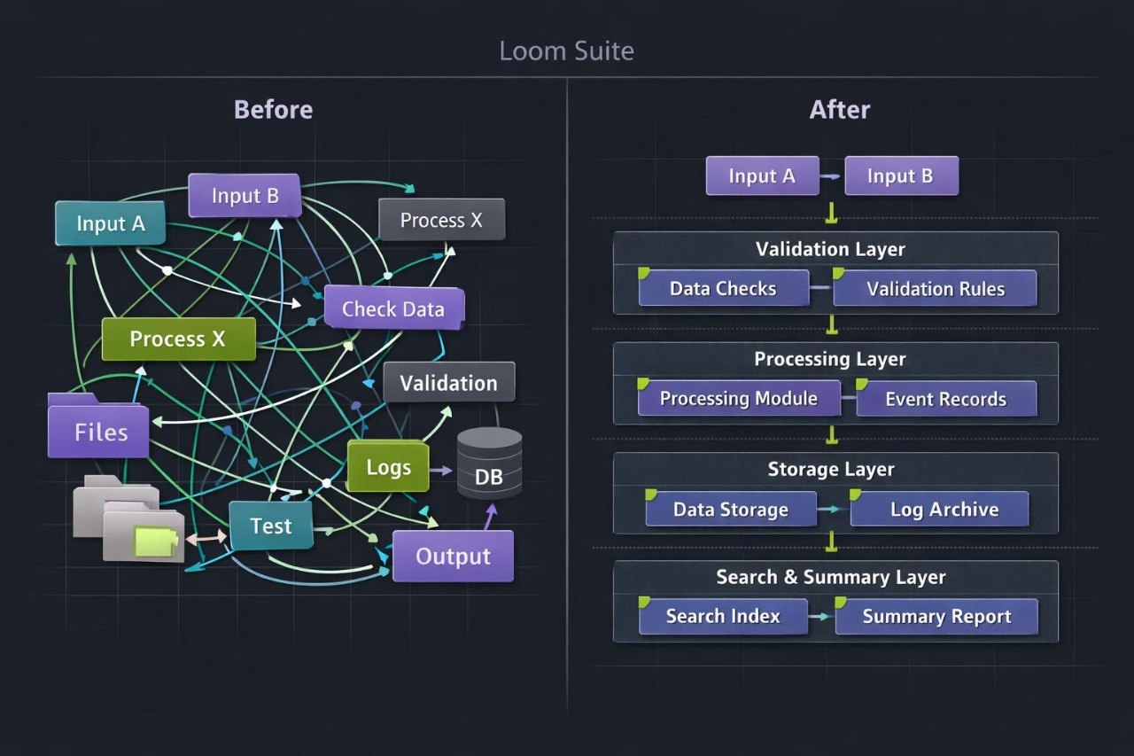 A dark infographic titled 'Loom Suite' comparing a 'Before' state with an 'After' state using purple, teal, and green boxes connected by arrows on a dark background.