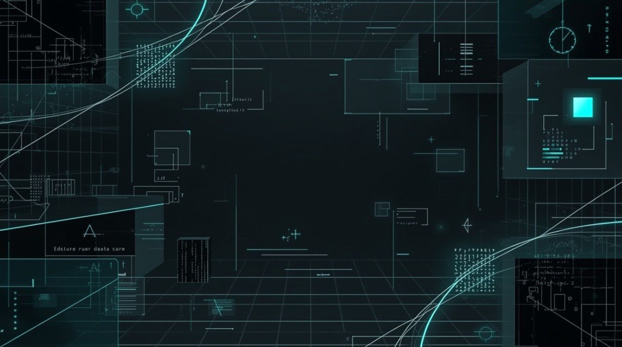A dark futuristic digital background with glowing cyan technical line drawings, grid overlays, interface panels, and abstract data visual elements.