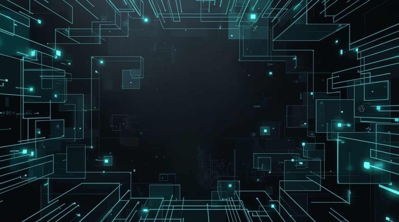 A dark digital background with glowing cyan and teal geometric lines, circuit-like blocks, and small light points on a black field.
