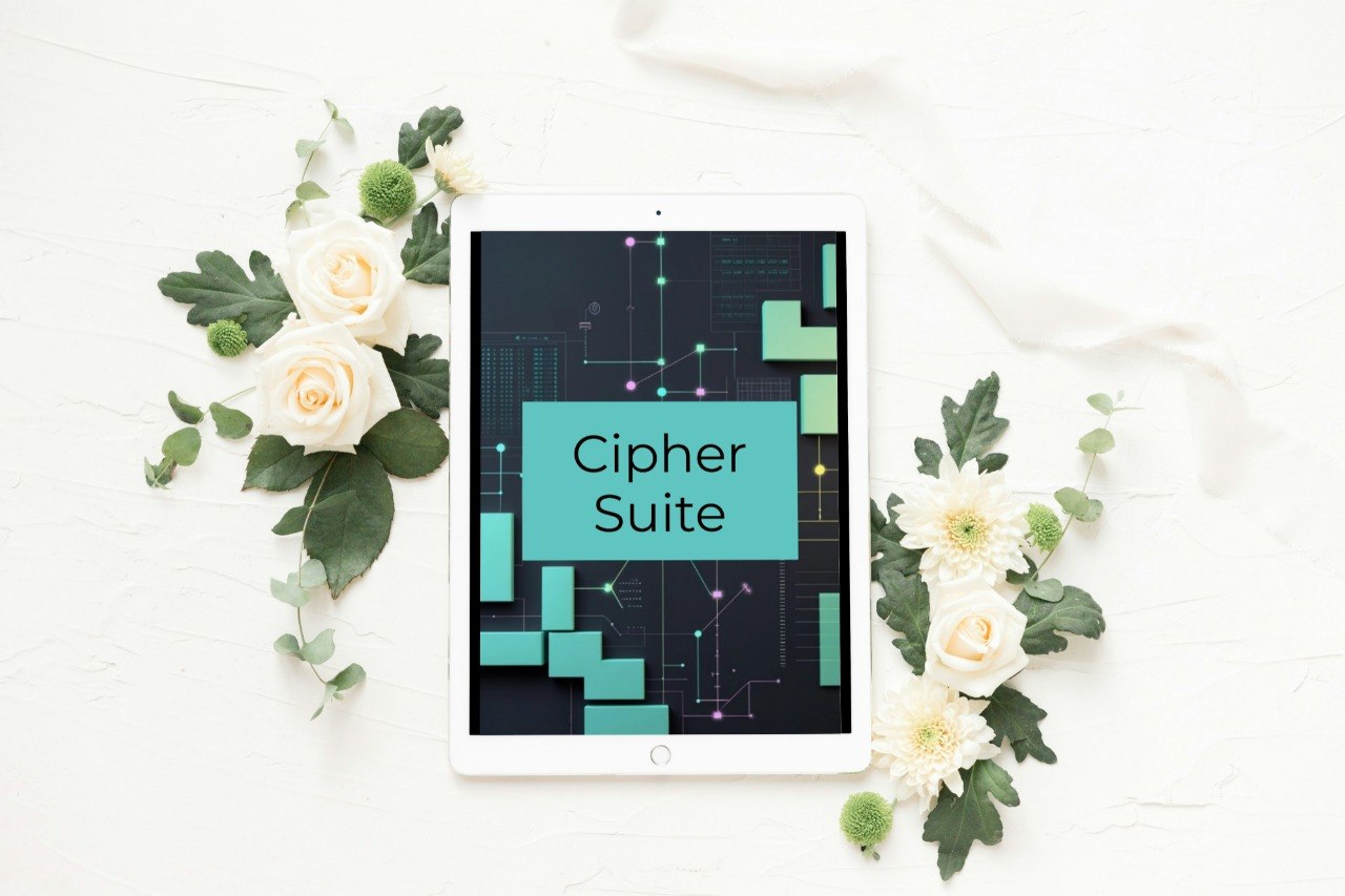 A white tablet lying on a white surface, surrounded by white flowers and green leaves. The tablet screen displays a dark digital graphic with teal geometric blocks and the text 'Cipher Suite'.