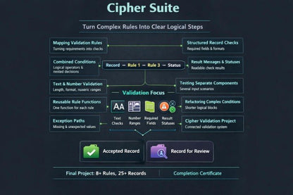 A dark-themed infographic titled 'Cipher Suite' with multiple labeled boxes and arrows explaining validation, record checks, testing, and approval workflows in a software or project context.