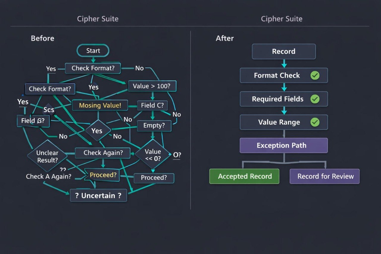 A dark-themed flowchart comparing a 'Before' state with an 'After' state under the heading 'Cipher Suite'. The left side shows a complex, tangled decision flow with cyan and orange lines, while the right side shows a clean, linear workflow with green checkmarks and purple boxes.