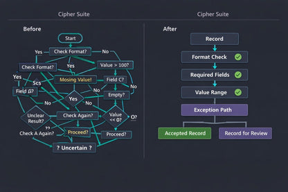 A dark-themed flowchart comparing a 'Before' state with an 'After' state under the heading 'Cipher Suite'. The left side shows a complex, tangled decision flow with cyan and orange lines, while the right side shows a clean, linear workflow with green checkmarks and purple boxes.