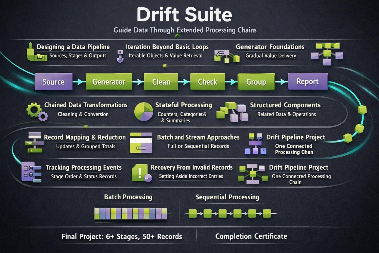 A dark infographic titled 'Drift Suite' showing a workflow diagram with multiple colored process boxes, icons, and labels related to data pipeline and processing steps.