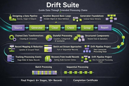 A dark infographic titled 'Drift Suite' showing a workflow diagram with multiple colored process boxes, icons, and labels related to data pipeline and processing steps.