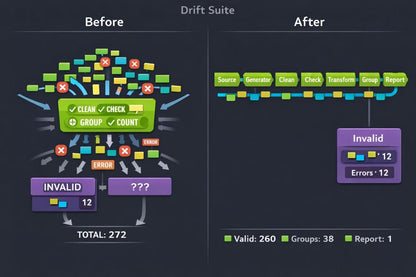 A dark infographic comparing a 'Before' and 'After' drift detection workflow labeled 'Drift Suite'. The left 'Before' side shows a messy, cluttered flowchart with green, yellow, and purple boxes, red 'ERROR' labels, and arrows pointing to an 'INVALID' box.