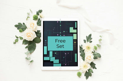 A white tablet lying on a white surface, surrounded by white flowers and green leaves. The tablet screen shows a dark graphic with teal blocks and the words 'Free Set'.