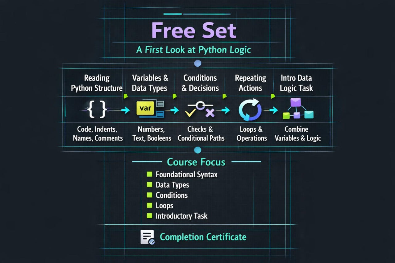 A digital course outline graphic titled 'Free Set: A First Look at Python Logic' on a dark background, showing modules like reading Python structure, variables & data types, conditions & decisions, repeating actions, intro data logic task, course focus, and completion certificate.