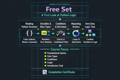 A digital course outline graphic titled 'Free Set: A First Look at Python Logic' on a dark background, showing modules like reading Python structure, variables & data types, conditions & decisions, repeating actions, intro data logic task, course focus, and completion certificate.