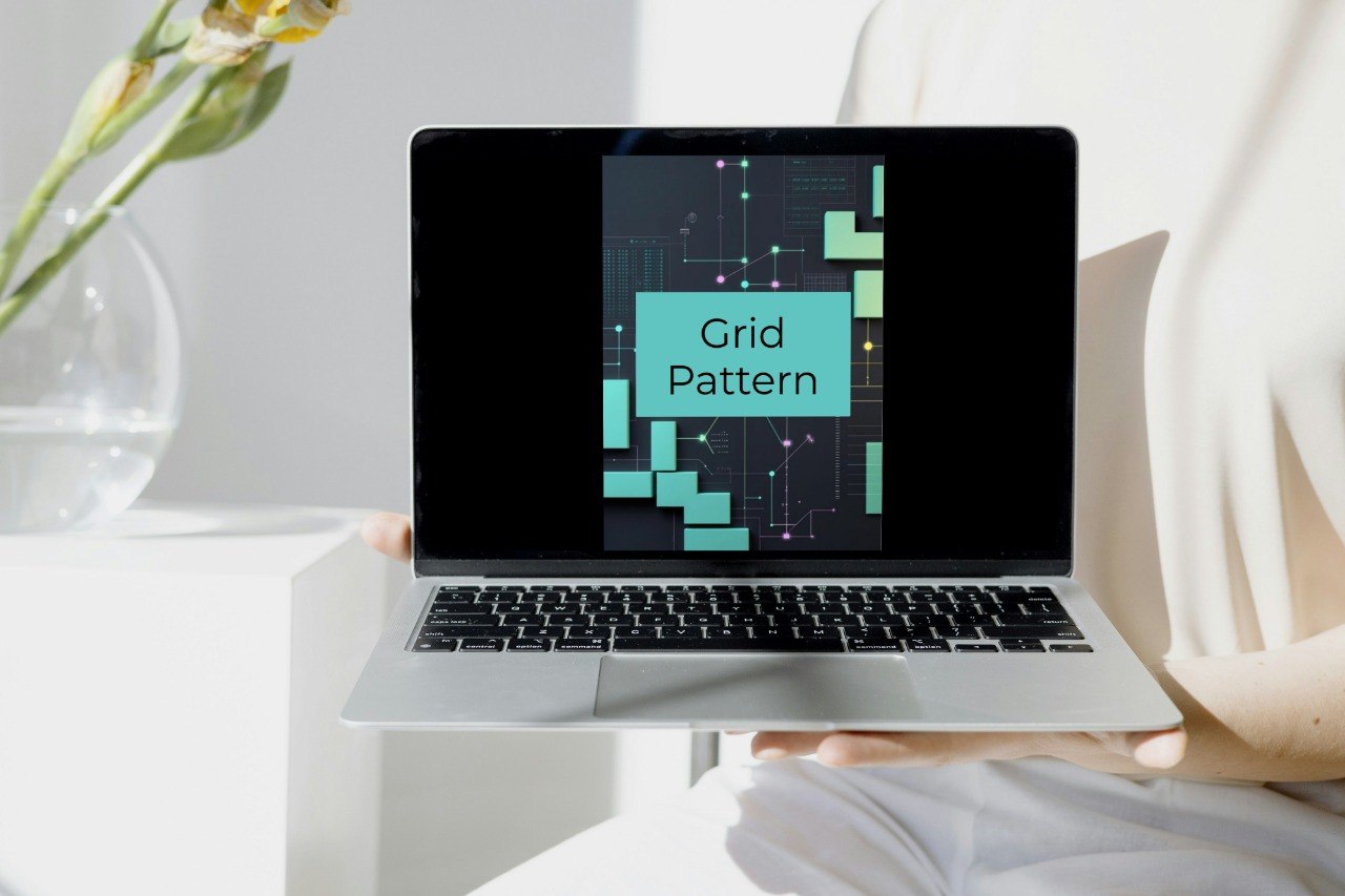 A silver laptop held by a person in a bright, modern room. The laptop screen displays a graphic with the text 'Lattice Lineup' in white on a teal background with geometric patterns.