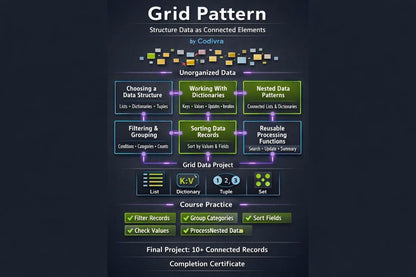 A dark-themed digital infographic titled 'Grid Pattern' showing a structured data processing workflow with labeled boxes such as 'Unorganized Data,' 'Grid Data Project,' 'Course Practice,' and 'Completion Certificate.' It appears to be an informational diagram rather than a physical product photo.