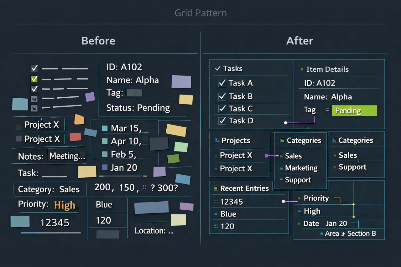 A digital preview of a grid pattern template for Notion, showing a 'Before' and 'After' comparison of a spreadsheet interface on a dark teal background.