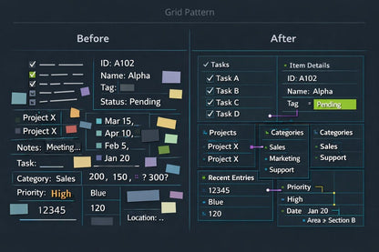 A digital preview of a grid pattern template for Notion, showing a 'Before' and 'After' comparison of a spreadsheet interface on a dark teal background.
