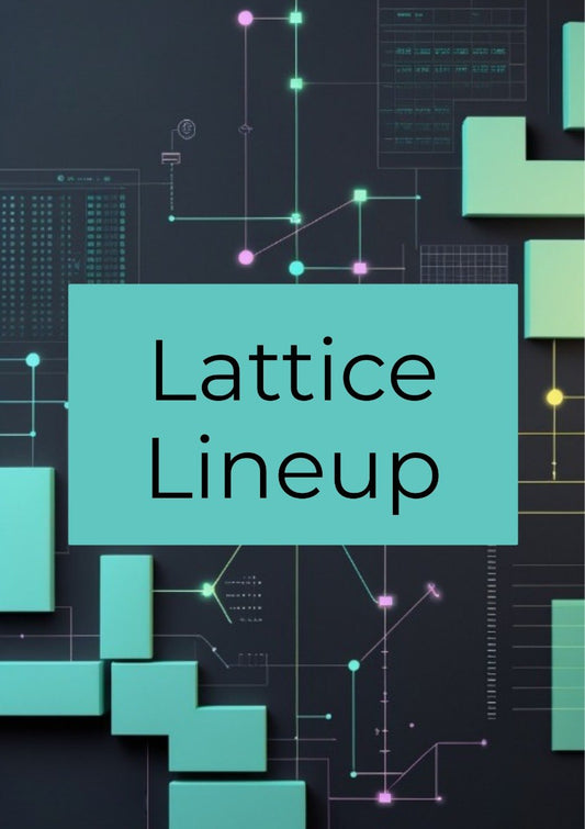 A digital graphic with the words 'Lattice Lineup' in black text inside a large teal rectangle, set against a dark background with abstract geometric shapes, circuit-like lines, and grid patterns in teal, mint, and pink.