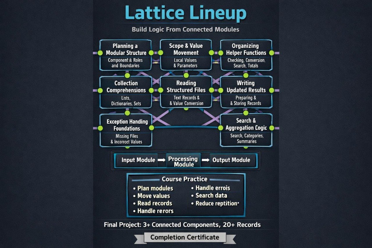 An infographic titled 'Lattice Lineup' showing a workflow or training module diagram with boxes, arrows, and bullet points on a dark textured background.