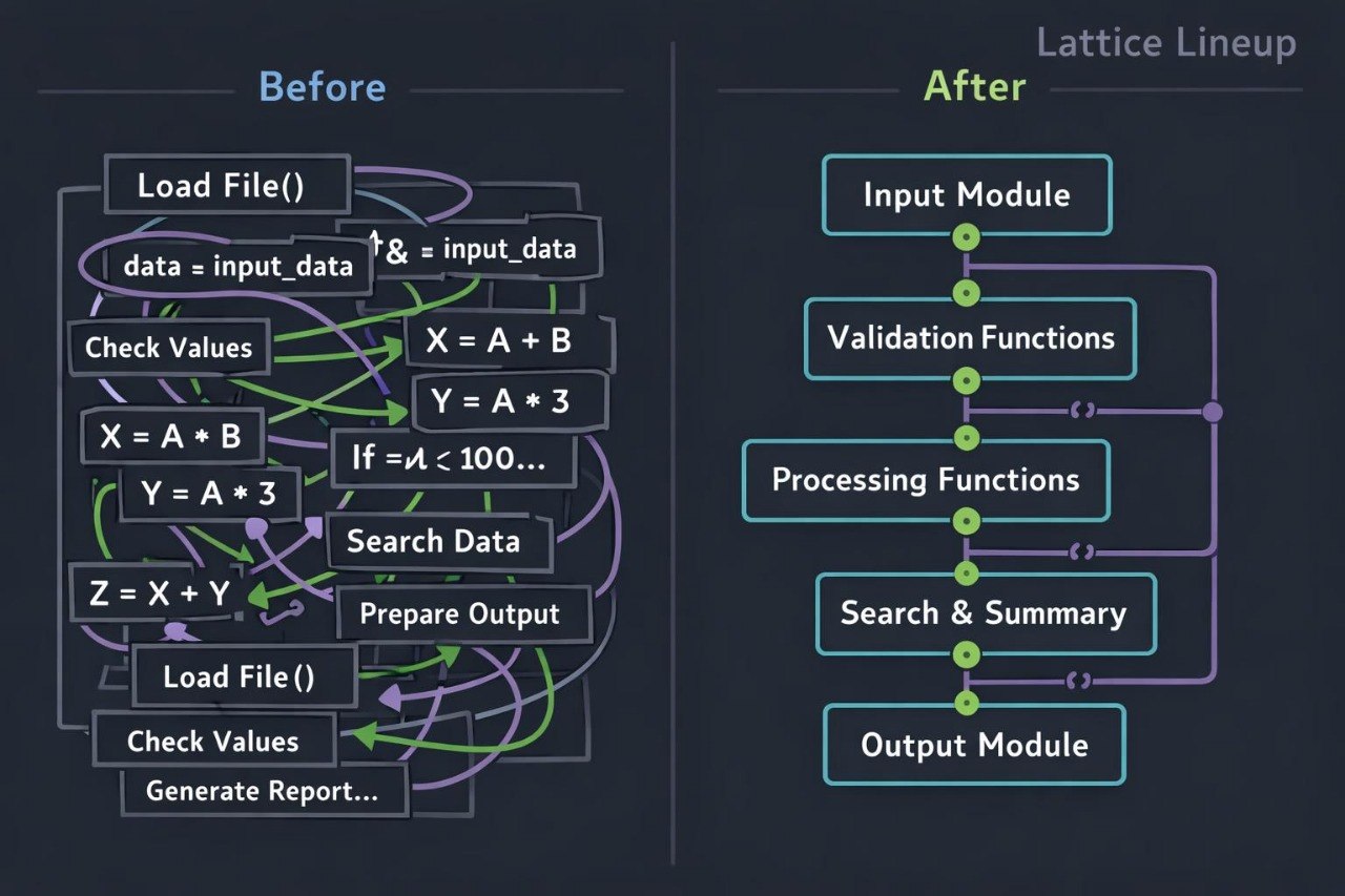 A comparison diagram titled 'Before' and 'After' with 'Lattice Lineup' in the top right, showing a complex flowchart on the left and a simplified process flowchart on the right. The background is a very dark navy/blue.