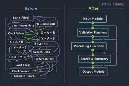 A comparison diagram titled 'Before' and 'After' with 'Lattice Lineup' in the top right, showing a complex flowchart on the left and a simplified process flowchart on the right. The background is a very dark navy/blue.