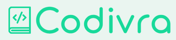 A teal logo featuring a stylized book icon with angle brackets and the word 'Codivra' on a very light gray background.