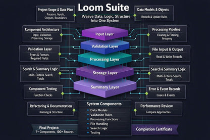 An infographic diagram titled 'Loom Suite' showing a layered system architecture with labeled sections for Input Layer, Validation Layer, Processing Layer, Storage Layer, and Summary Layer, plus surrounding workflow and system components on a dark background.