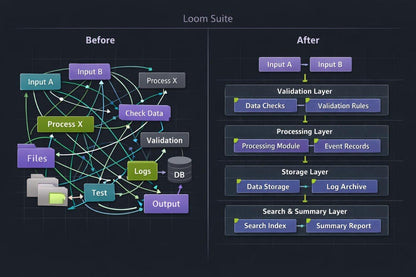 A dark infographic titled 'Loom Suite' comparing a 'Before' state with an 'After' state using purple, teal, and green boxes connected by arrows on a dark background.