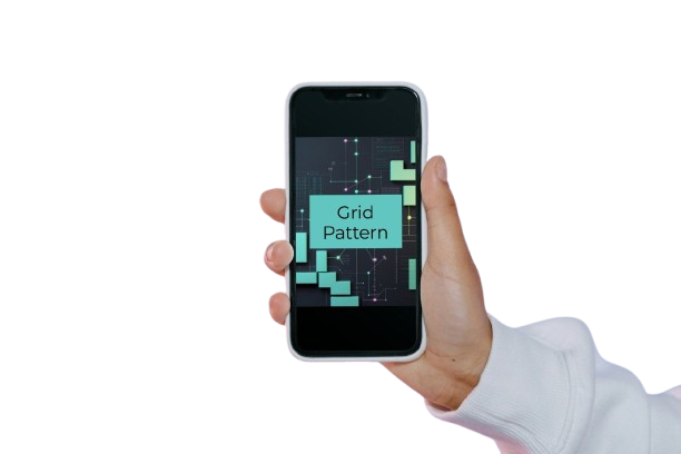 A hand holding a smartphone against a white background, displaying a digital grid pattern graphic on the screen.