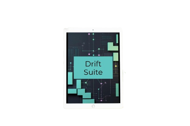 A tablet device centered on a white background, displaying the text 'Drift Suite' on its screen over a dark abstract graphic with teal blocks.