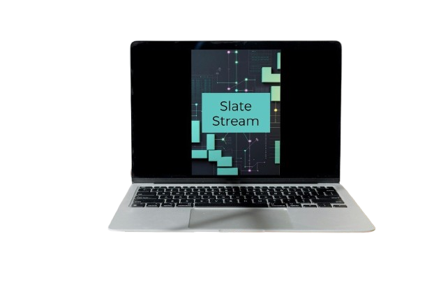 A silver laptop with a black keyboard and screen, displaying a digital cover titled 'Slate Stream' on a white background.