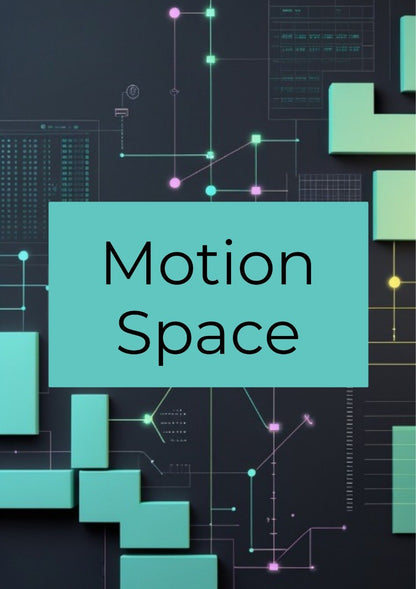 A digital graphic with the words 'Motion Space' in black text inside a large teal rectangle, set against a dark background with abstract circuit-like lines and geometric shapes in teal, mint, and pink.