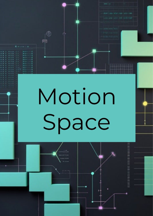A digital graphic with the words 'Motion Space' in black text inside a large teal rectangle, set against a dark background with abstract circuit-like lines and geometric shapes in teal, mint, and pink.