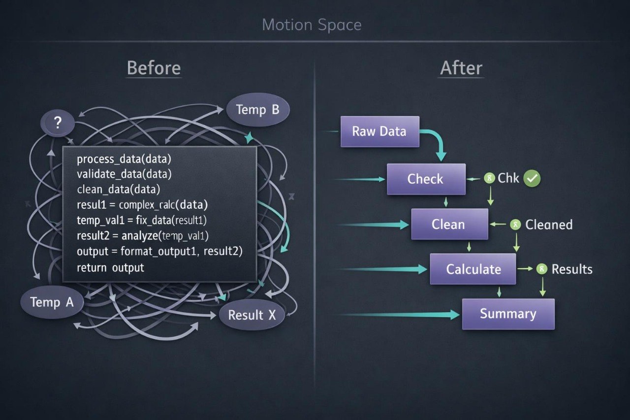 A dark presentation slide titled 'Motion Space' comparing a messy 'Before' workflow with a clean 'After' workflow. The left side shows tangled arrows and code snippets labeled with variables like Temp A, Temp B, and Result X.