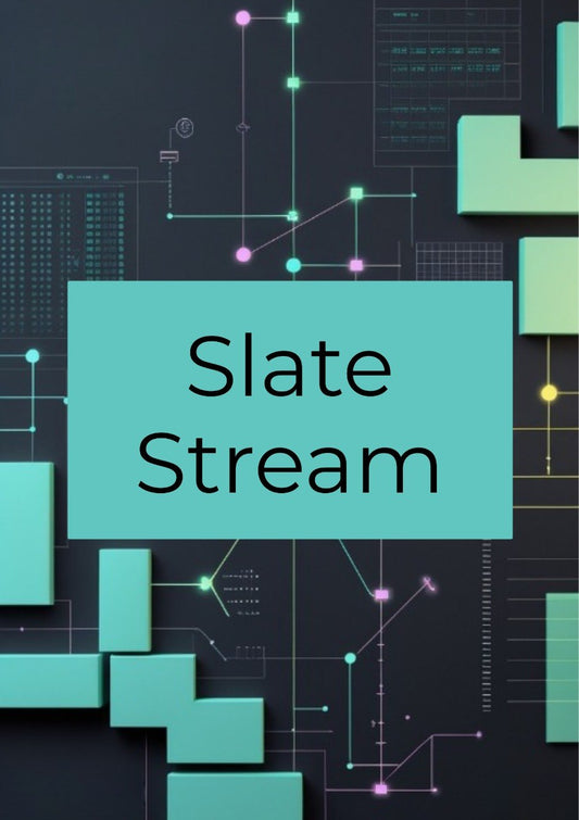 A digital graphic with the words 'Slate Stream' in black text inside a large teal rectangle, set against a dark slate background with abstract circuit-like lines and teal geometric blocks.