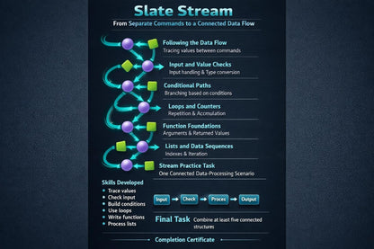 A digital graphic outlining the 'Slate Stream' curriculum, a connected data flow learning path. The graphic features a dark slate blue background with a central vertical panel containing a stylized teal and purple flow diagram with green and purple nodes.