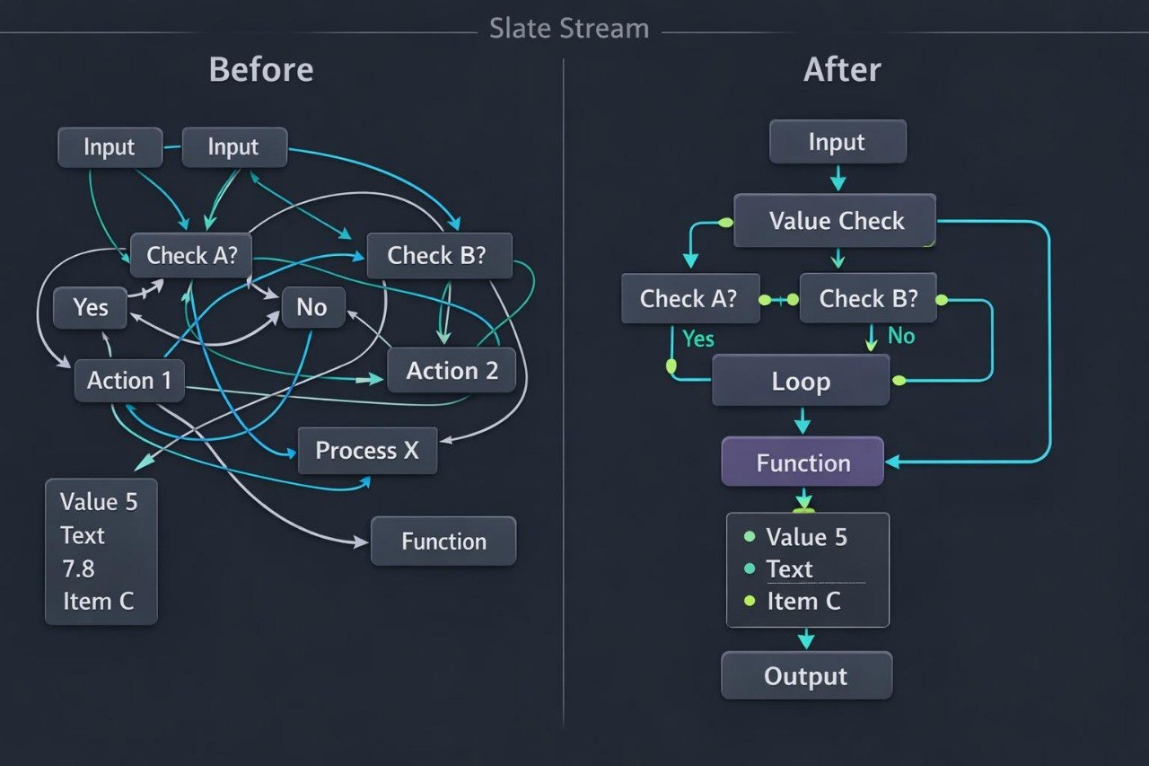 A dark slate-blue diagram comparing a 'Before' state and 'After' state with flowcharts, arrows, and labeled boxes such as Input, Value Check, Loop, Function, and Output.