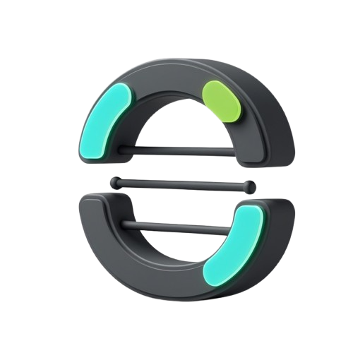 A 3D-rendered split circular fitness ring or triceps anchor with dark gray arms, turquoise side grips, and a small lime-green accent, shown on a plain white background.