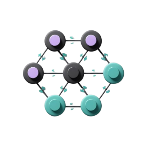 A stylized 3D molecular or network-like graphic on a plain white background, featuring a central dark gray sphere connected to six surrounding teal and lavender circular nodes.