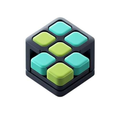 A 3D-rendered cube-shaped product with a dark charcoal base and six rounded square faces in alternating light aqua and lime green, shown on a plain white background.
